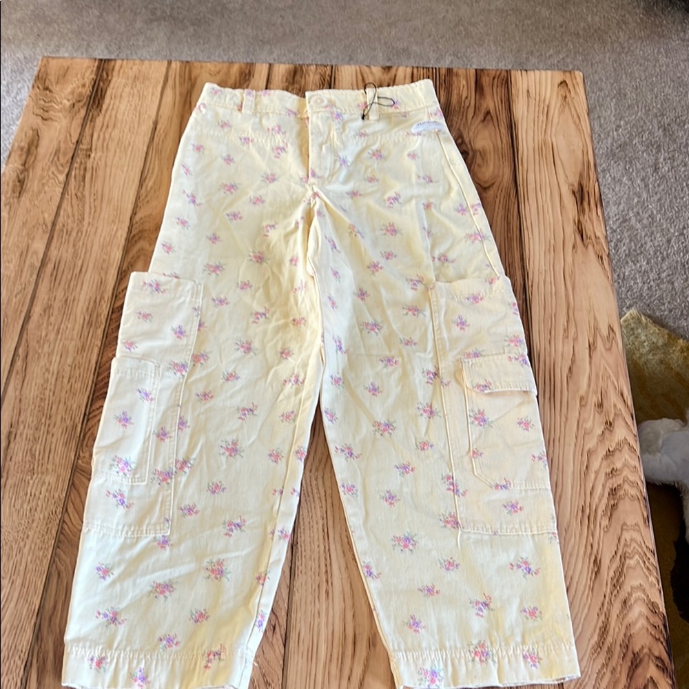 Zara Pale Yellow Cargo Jeans with Pink Floral Detail
